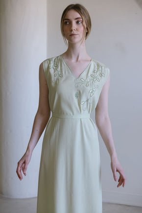 1920s French green silk monogrammed floral dress