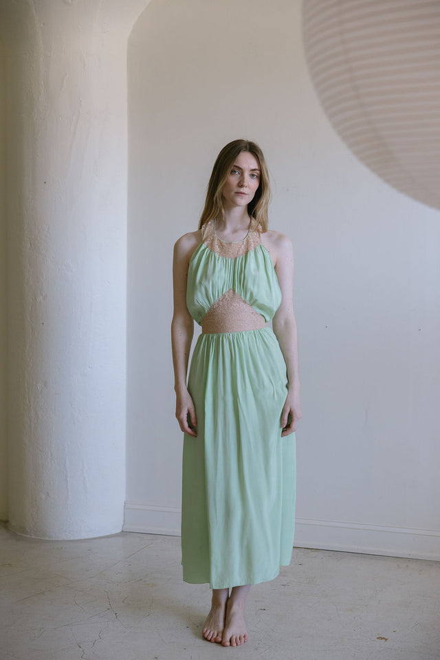 1930s antique mint silk lace halter nightgown