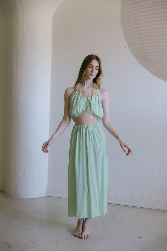 1930s antique mint silk lace halter nightgown