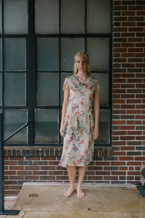 1930s green red and black silk chiffon floral dress