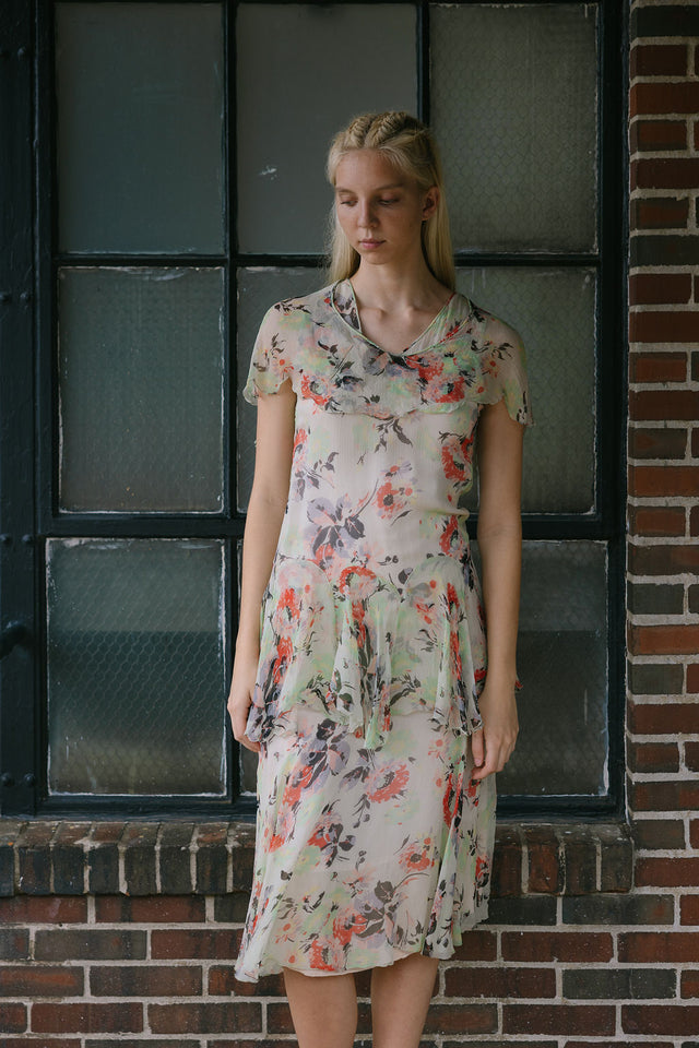 1930s green red and black silk chiffon floral dress