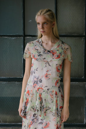 1930s green red and black silk chiffon floral dress