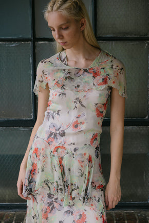 1930s green red and black silk chiffon floral dress