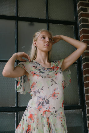1930s green red and black silk chiffon floral dress