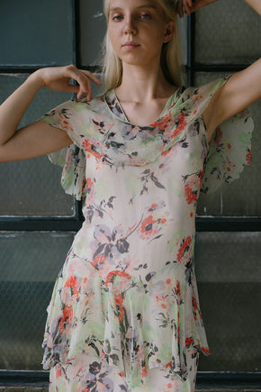 1930s green red and black silk chiffon floral dress
