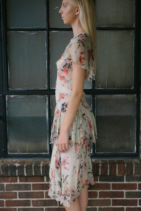 1930s green red and black silk chiffon floral dress