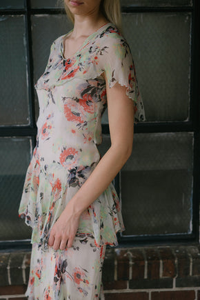 1930s green red and black silk chiffon floral dress