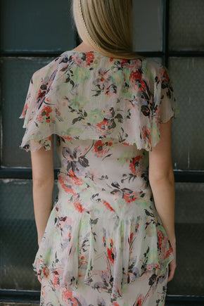 1930s green red and black silk chiffon floral dress