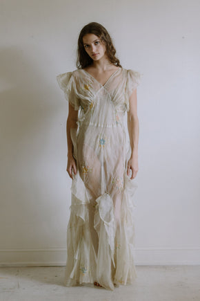 1930s floral watercolor organza ruffle gown