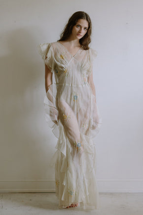 1930s floral watercolor organza ruffle gown