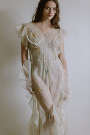 1930s floral watercolor organza ruffle gown