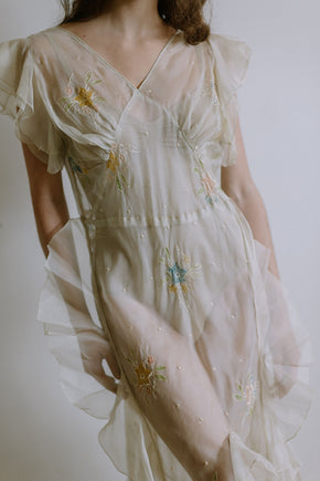 1930s floral watercolor organza ruffle gown