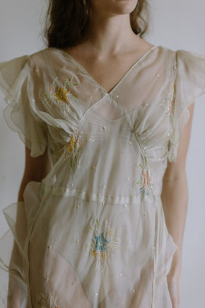 1930s floral watercolor organza ruffle gown