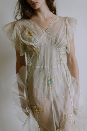 1930s floral watercolor organza ruffle gown