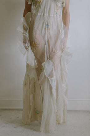 1930s floral watercolor organza ruffle gown