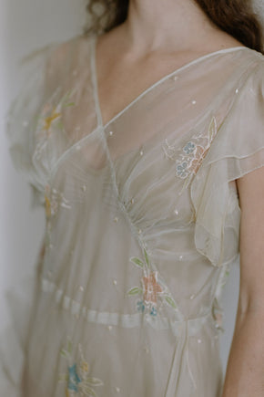1930s floral watercolor organza ruffle gown