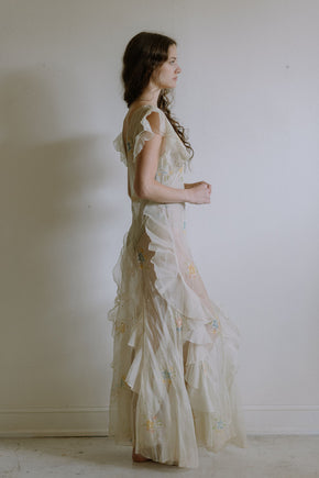 1930s floral watercolor organza ruffle gown