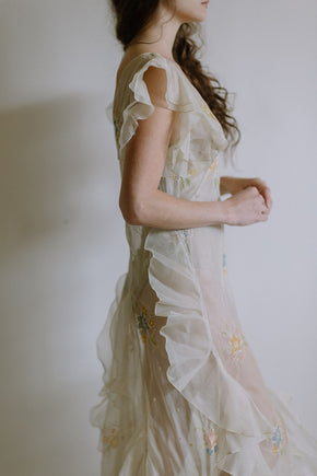 1930s floral watercolor organza ruffle gown