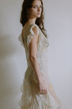 1930s floral watercolor organza ruffle gown