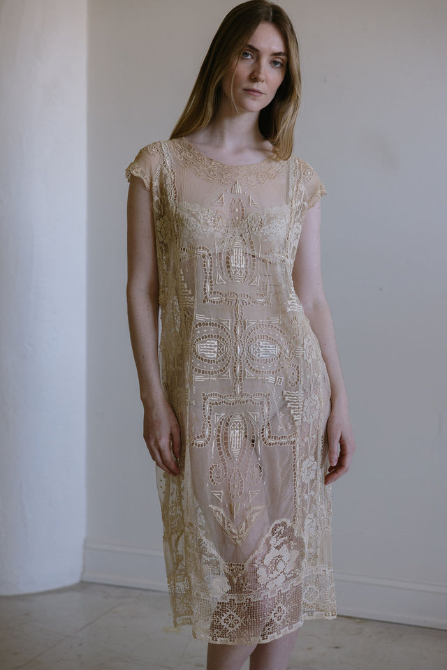 Antique 1920s chorded net filet lace dress