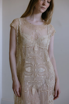 Antique 1920s chorded net filet lace dress
