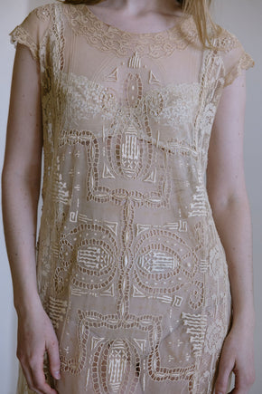 Antique 1920s chorded net filet lace dress