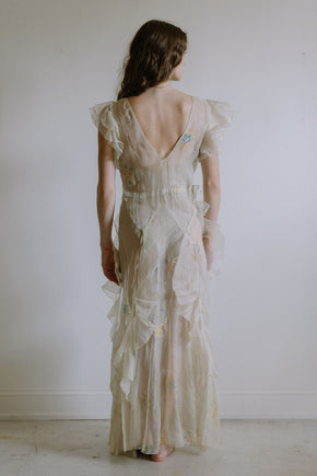 1930s floral watercolor organza ruffle gown