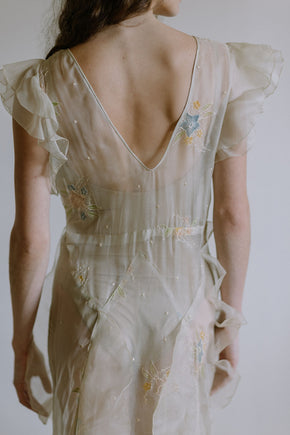 1930s floral watercolor organza ruffle gown