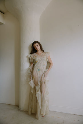 1930s floral watercolor organza ruffle gown