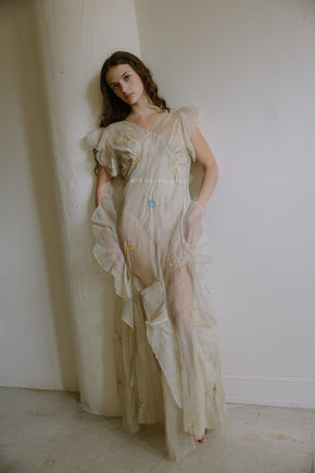 1930s floral watercolor organza ruffle gown