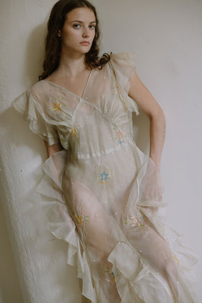 1930s floral watercolor organza ruffle gown
