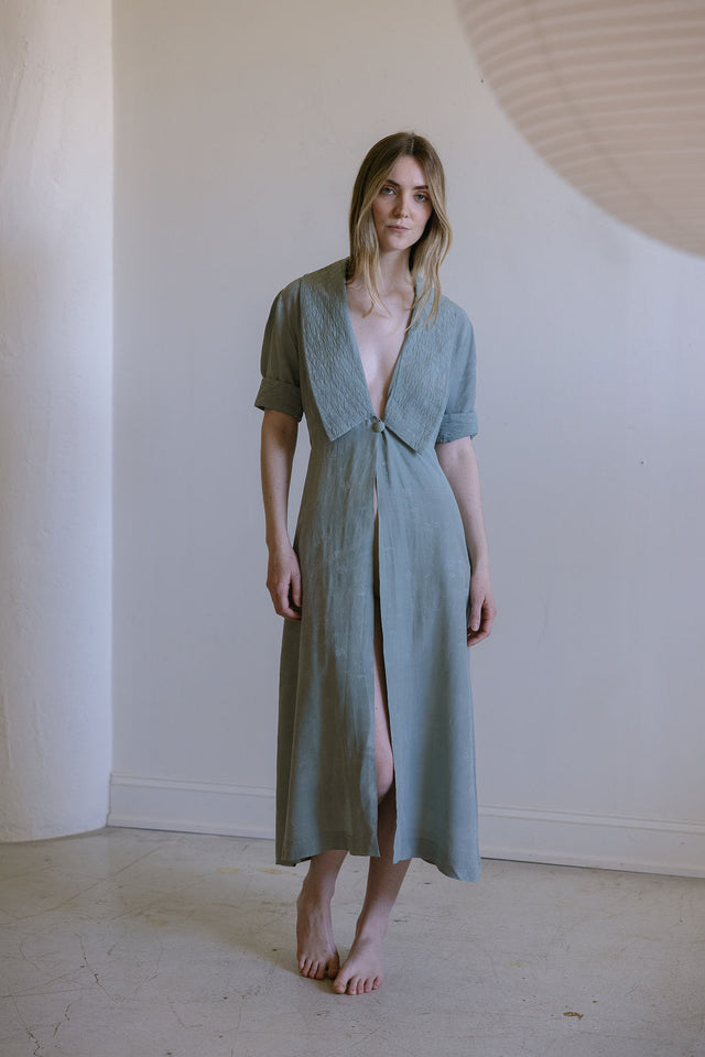 1930s French teal damask raw silk dressing gown