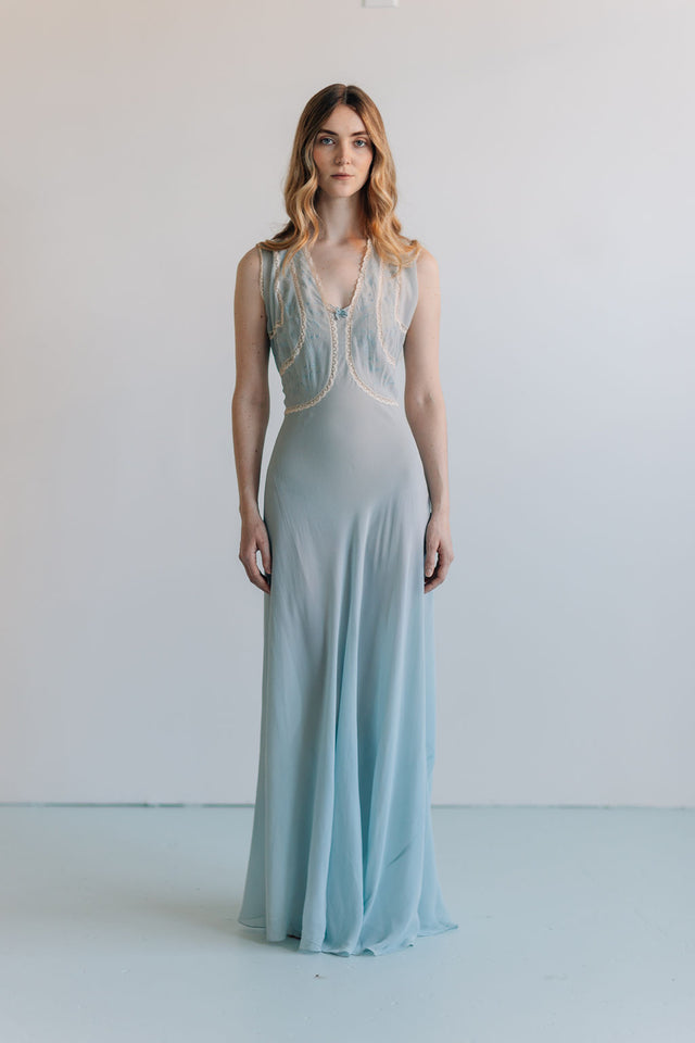 1930s French bias blue silk crepe chiffon gown