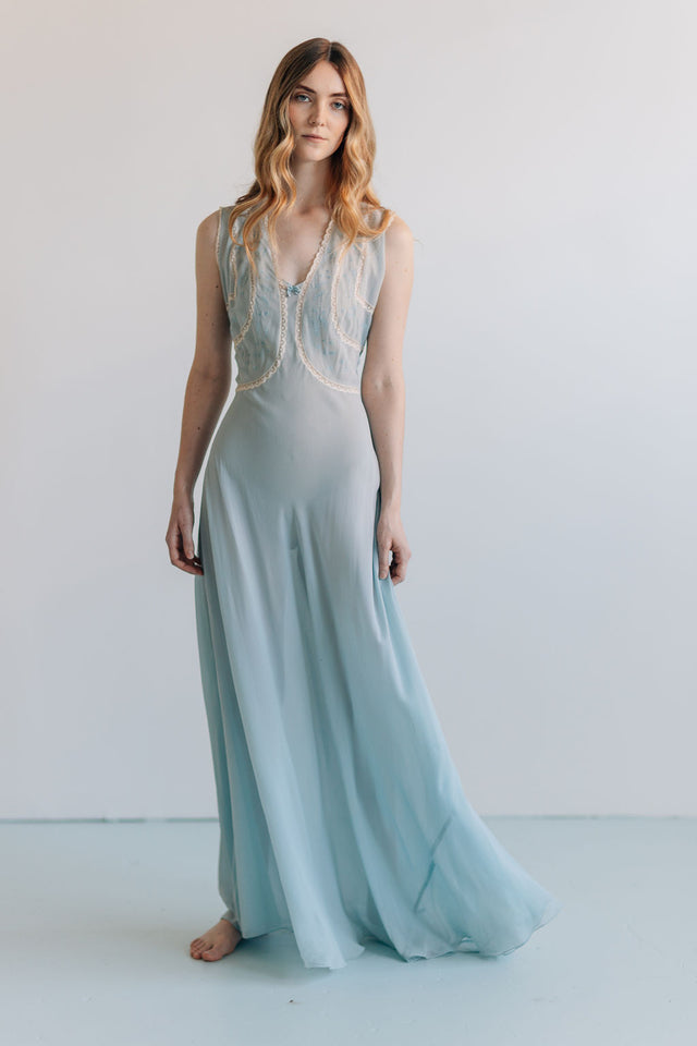 1930s French bias blue silk crepe chiffon gown