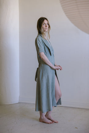 1930s French teal damask raw silk dressing gown