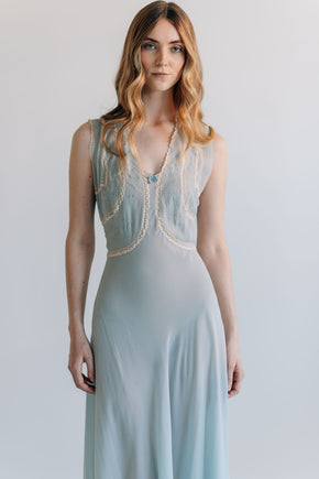 1930s French bias blue silk crepe chiffon gown