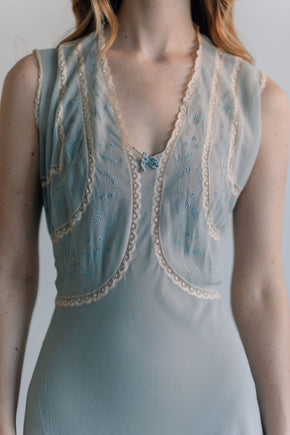 1930s French bias blue silk crepe chiffon gown