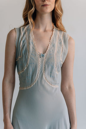 1930s French bias blue silk crepe chiffon gown