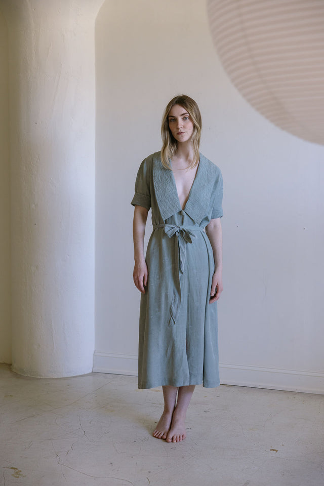 1930s French teal damask raw silk dressing gown