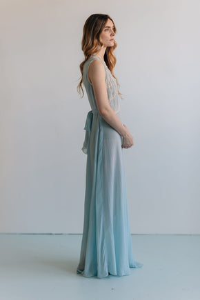 1930s French bias blue silk crepe chiffon gown