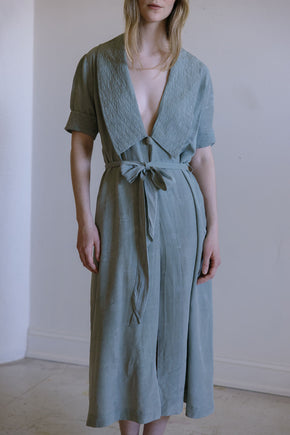 1930s French teal damask raw silk dressing gown