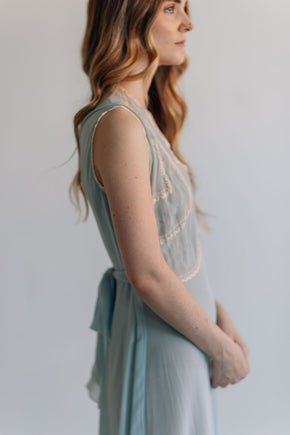 1930s French bias blue silk crepe chiffon gown