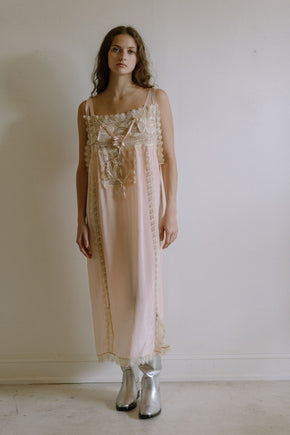 1920s pink silk crepe rosette ribbon nightgown