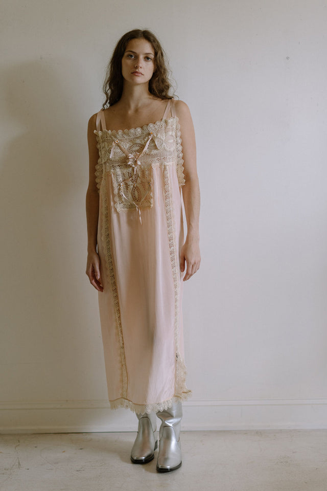 1920s pink silk crepe rosette ribbon nightgown