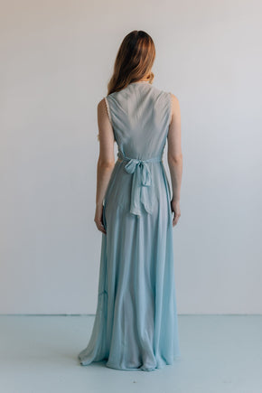 1930s French bias blue silk crepe chiffon gown
