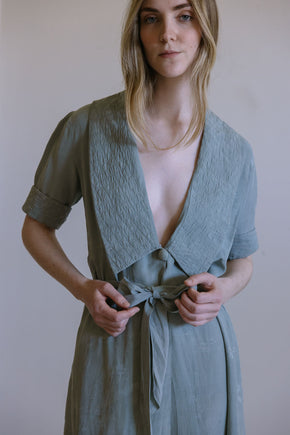 1930s French teal damask raw silk dressing gown