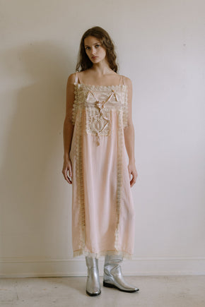 1920s pink silk crepe rosette ribbon nightgown