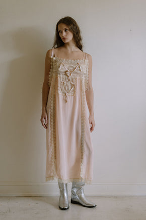 1920s pink silk crepe rosette ribbon nightgown