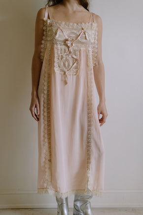 1920s pink silk crepe rosette ribbon nightgown