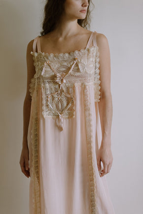 1920s pink silk crepe rosette ribbon nightgown
